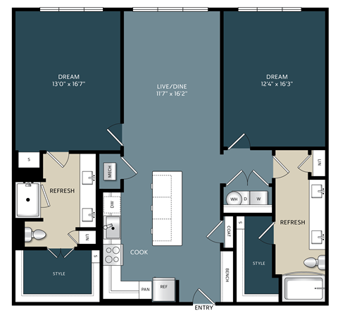 Floor plan for 2 beds, 2 baths, 1276 sqft